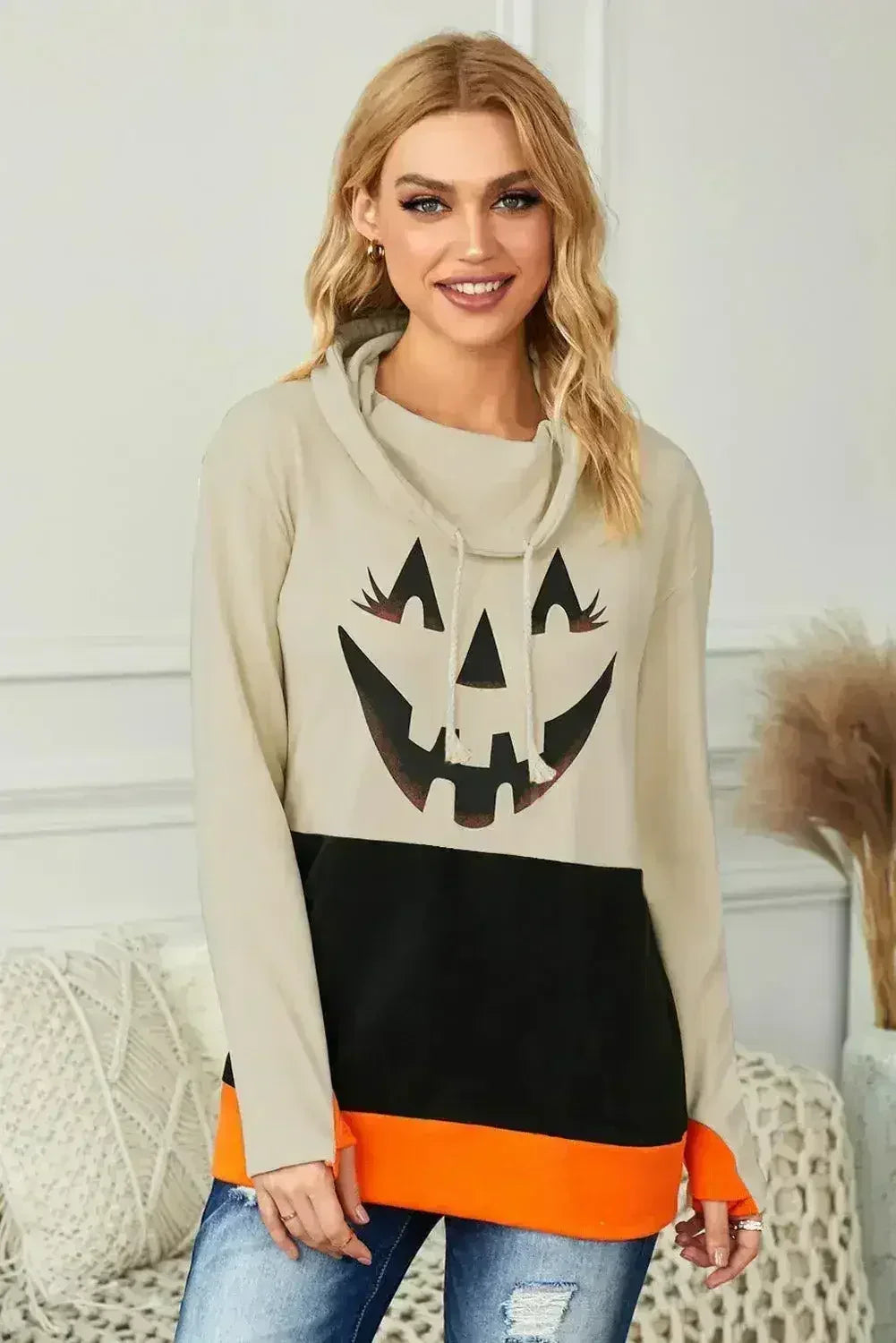 Cute Black Cowl Neck Pumpkin Print Color Block Halloween Sweatshirt - SJB-DIAMOND ELITES