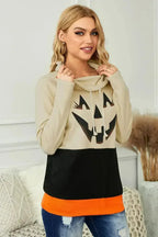 Cute Black Cowl Neck Pumpkin Print Color Block Halloween Sweatshirt - SJB-DIAMOND ELITES