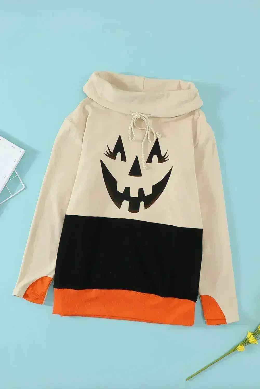Cute Black Cowl Neck Pumpkin Print Color Block Halloween Sweatshirt - SJB-DIAMOND ELITES