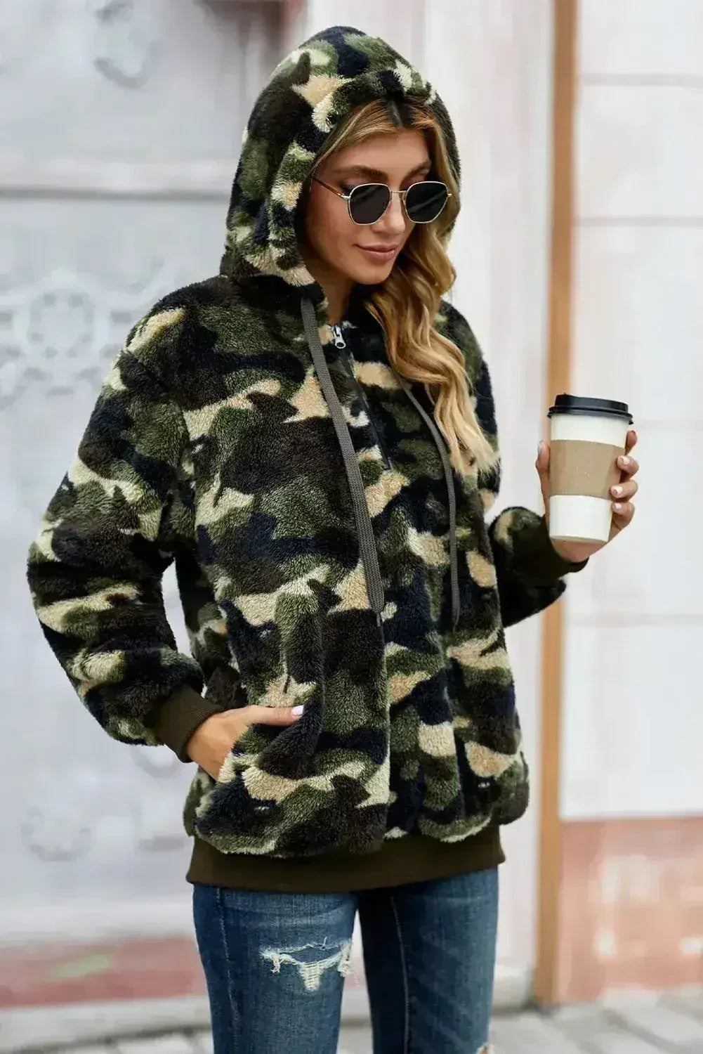 Women's Winter Green Camo Print Warm Furry Pullover Hoodie - SJB-DIAMOND ELITES