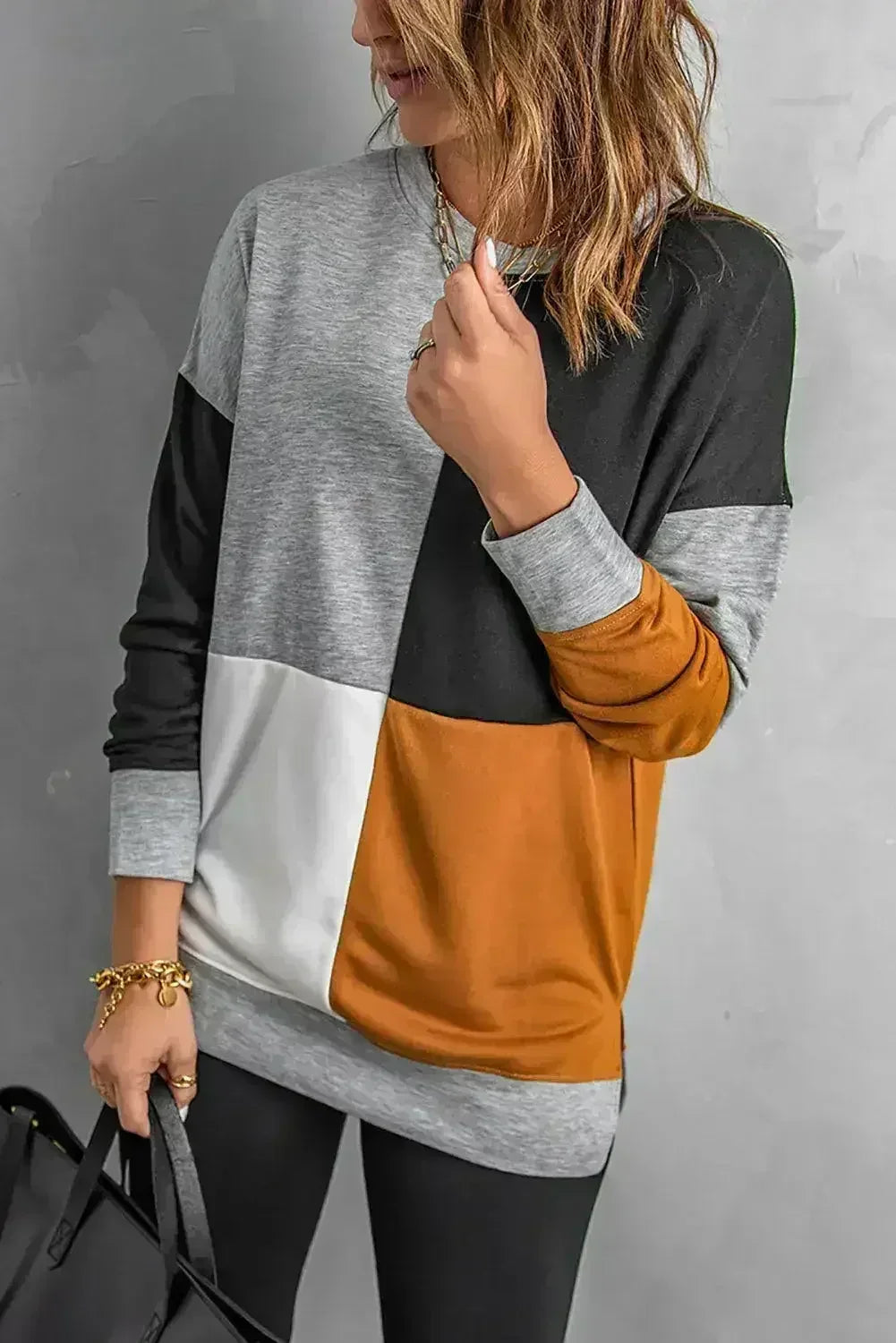 Women's Gray Color Block Round Neck Long Sleeves Pullover Sweatshirt - SJB-DIAMOND ELITES
