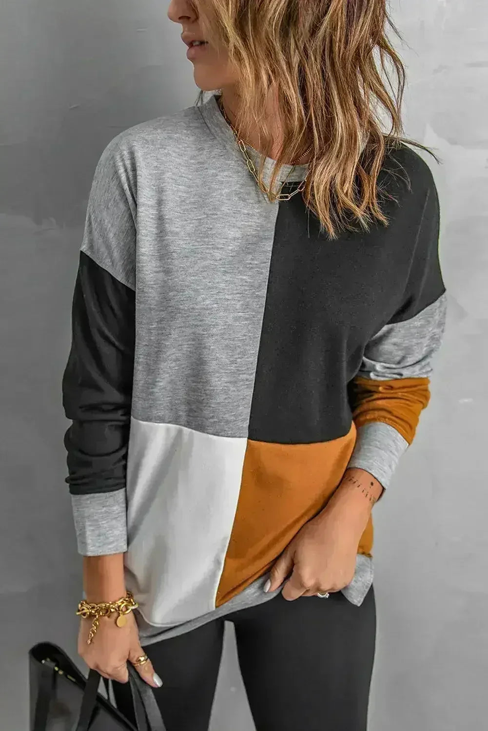 Women's Gray Color Block Round Neck Long Sleeves Pullover Sweatshirt - SJB-DIAMOND ELITES