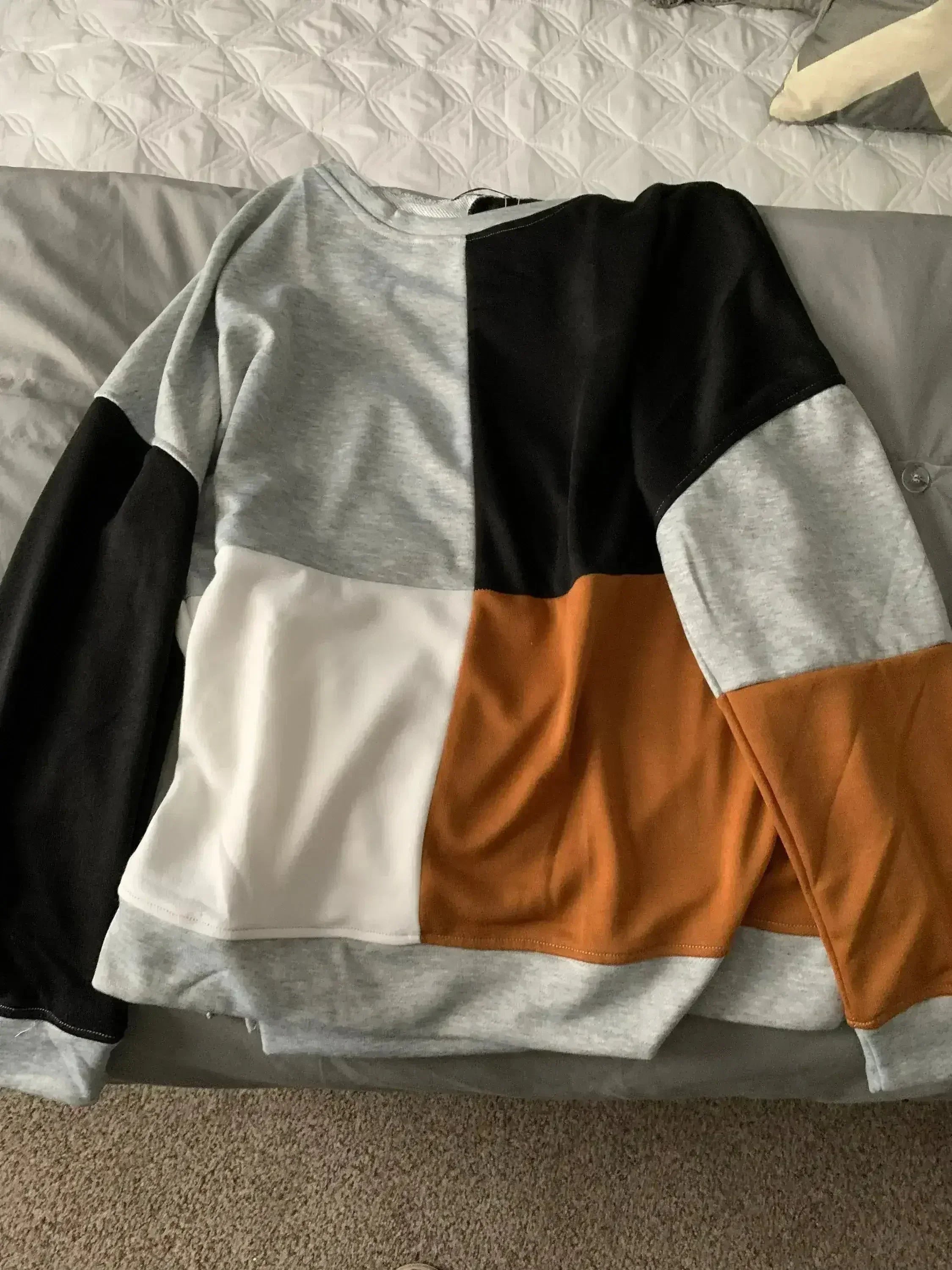Women's Gray Color Block Round Neck Long Sleeves Pullover Sweatshirt - SJB-DIAMOND ELITES