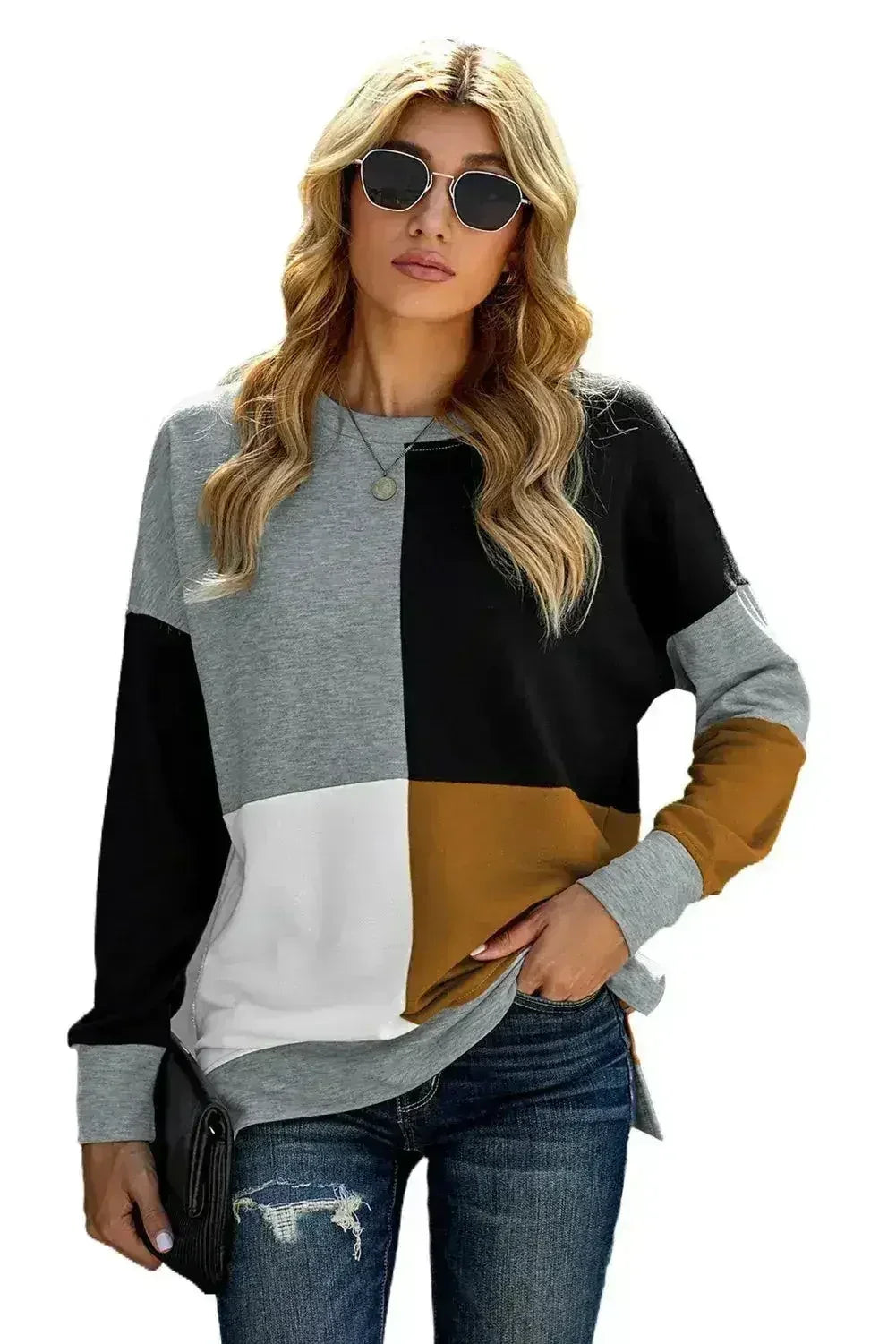 Women's Gray Color Block Round Neck Long Sleeves Pullover Sweatshirt - SJB-DIAMOND ELITES