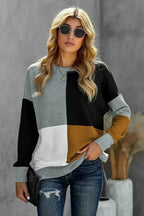 Women's Gray Color Block Round Neck Long Sleeves Pullover Sweatshirt - SJB-DIAMOND ELITES