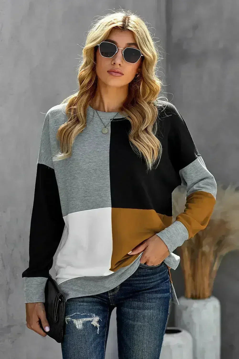 Women's Gray Color Block Round Neck Long Sleeves Pullover Sweatshirt - SJB-DIAMOND ELITES