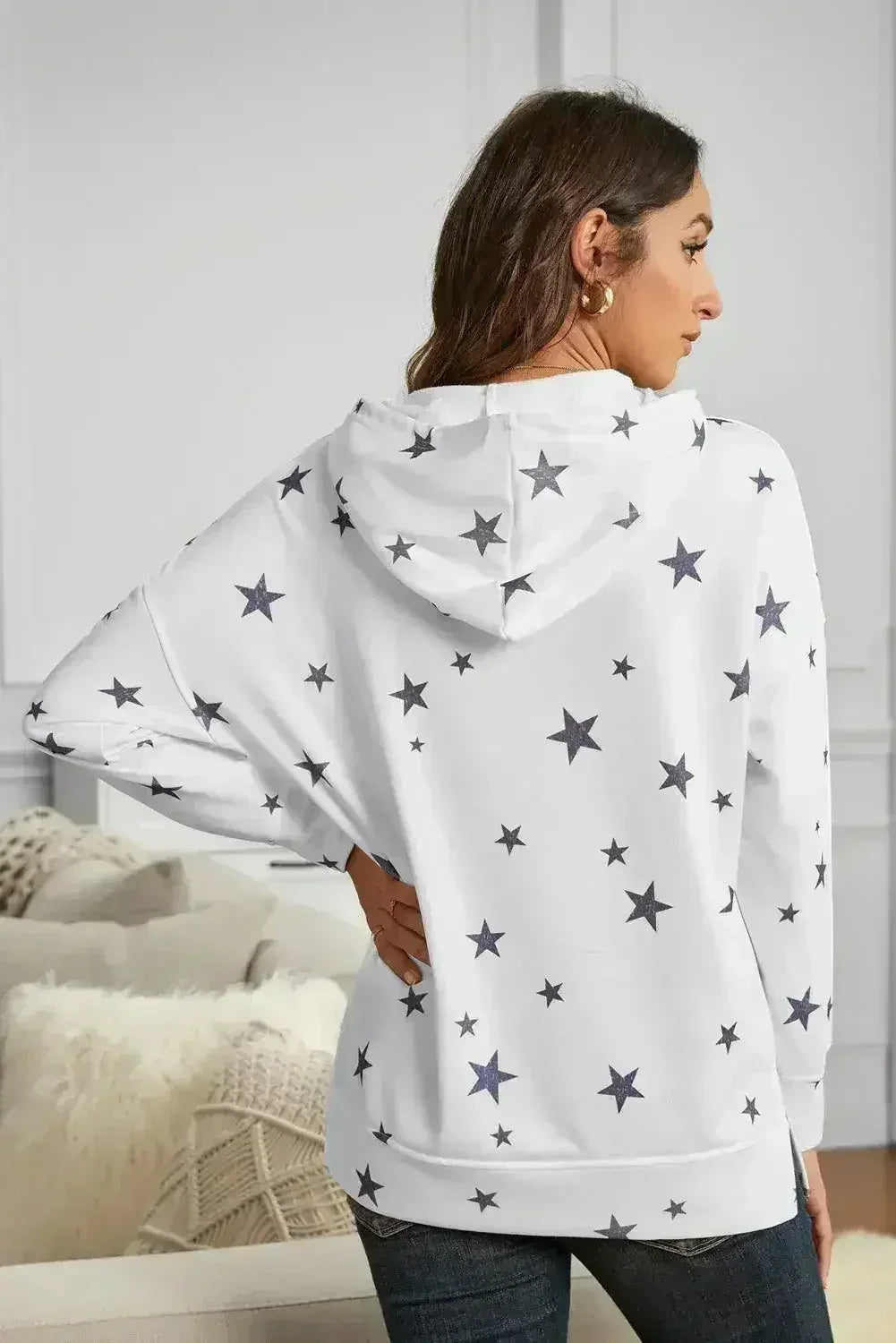 Women's Side Slits White Star Print Hoodie - SJB-DIAMOND ELITES