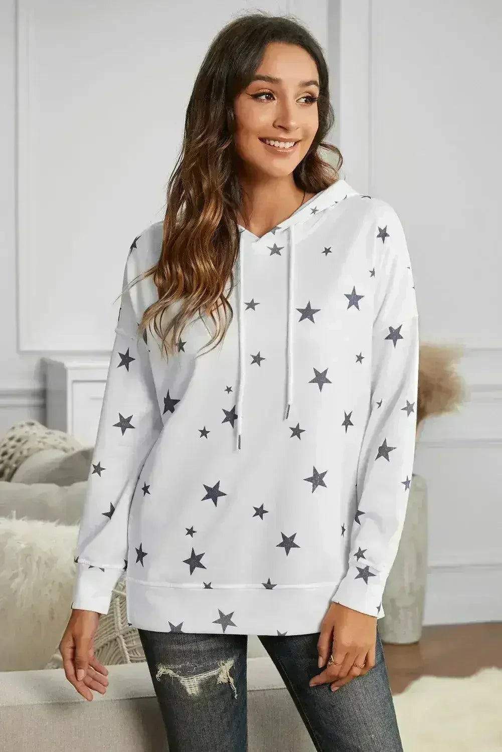 Women's Side Slits White Star Print Hoodie - SJB-DIAMOND ELITES