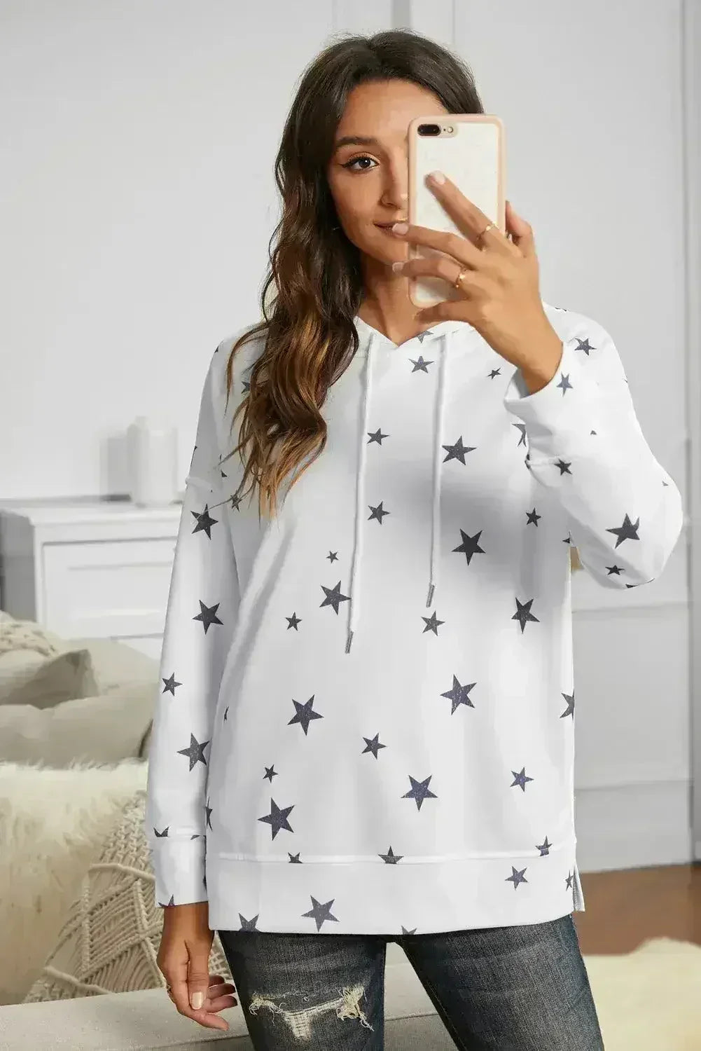 Women's Side Slits White Star Print Hoodie - SJB-DIAMOND ELITES