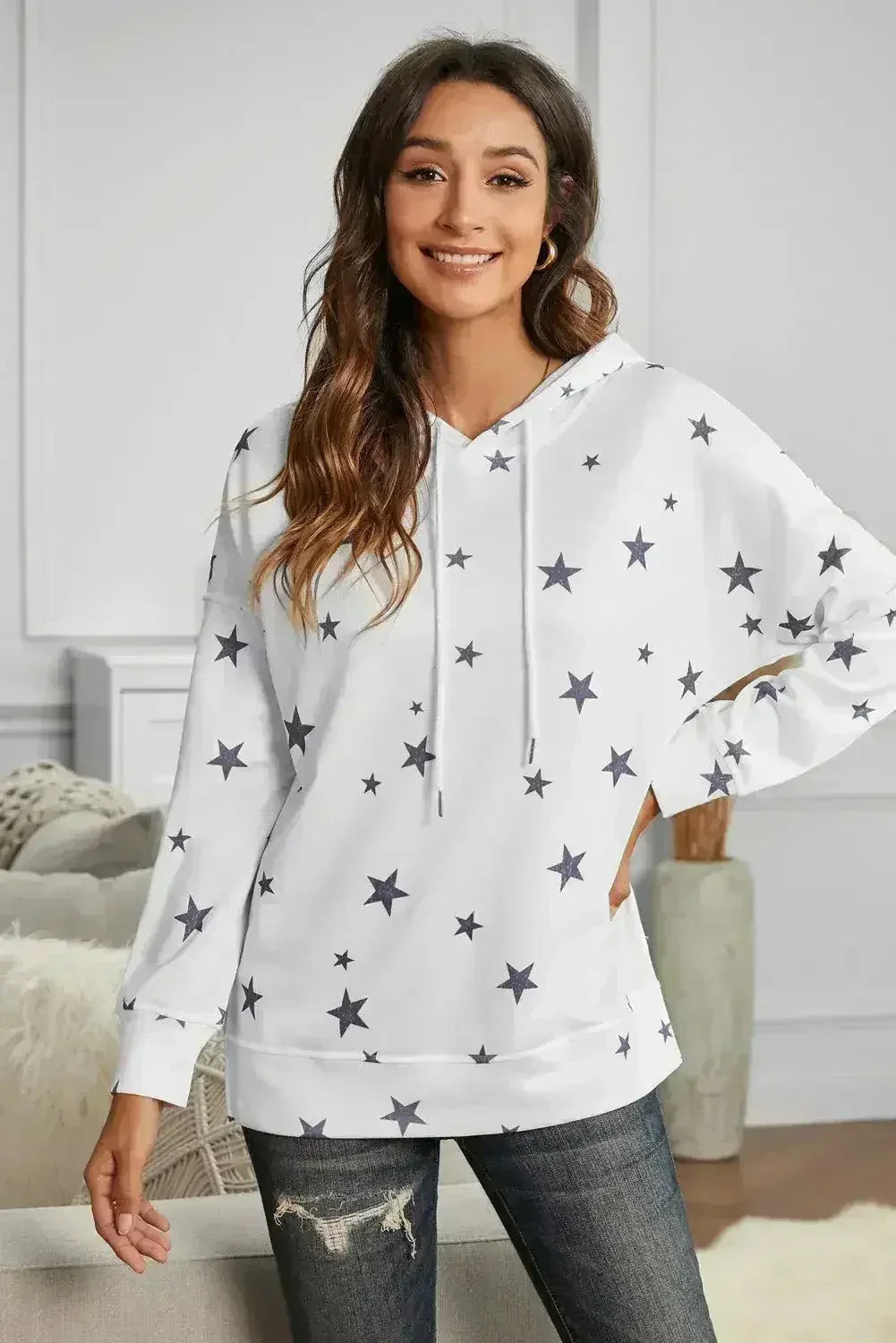 Women's Side Slits White Star Print Hoodie - SJB-DIAMOND ELITES