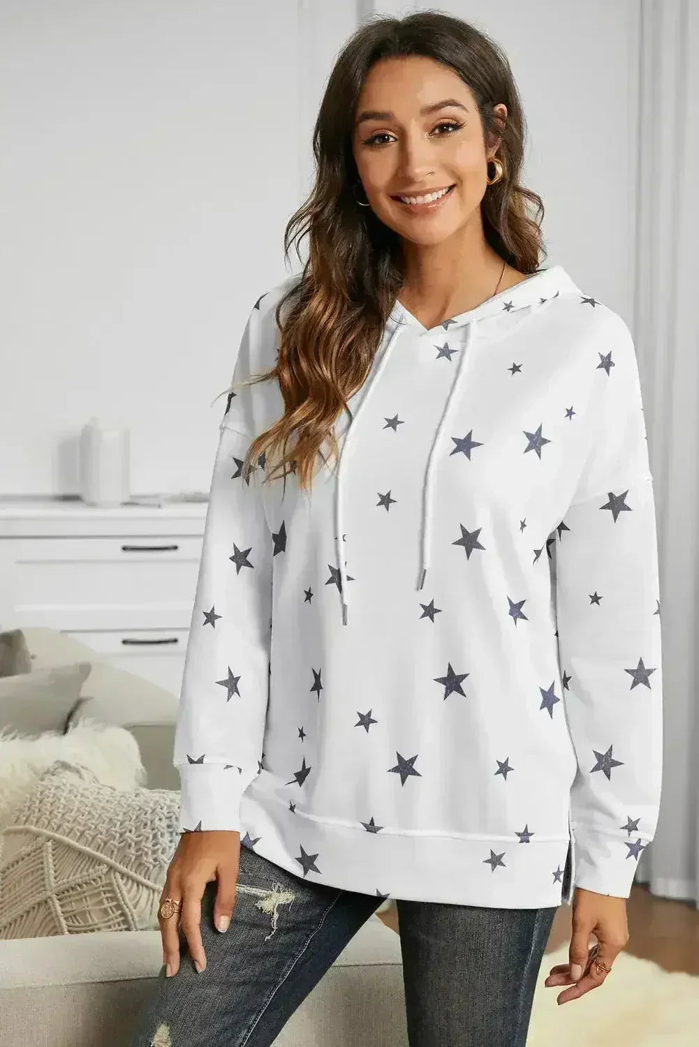 Women's Side Slits White Star Print Hoodie - SJB-DIAMOND ELITES