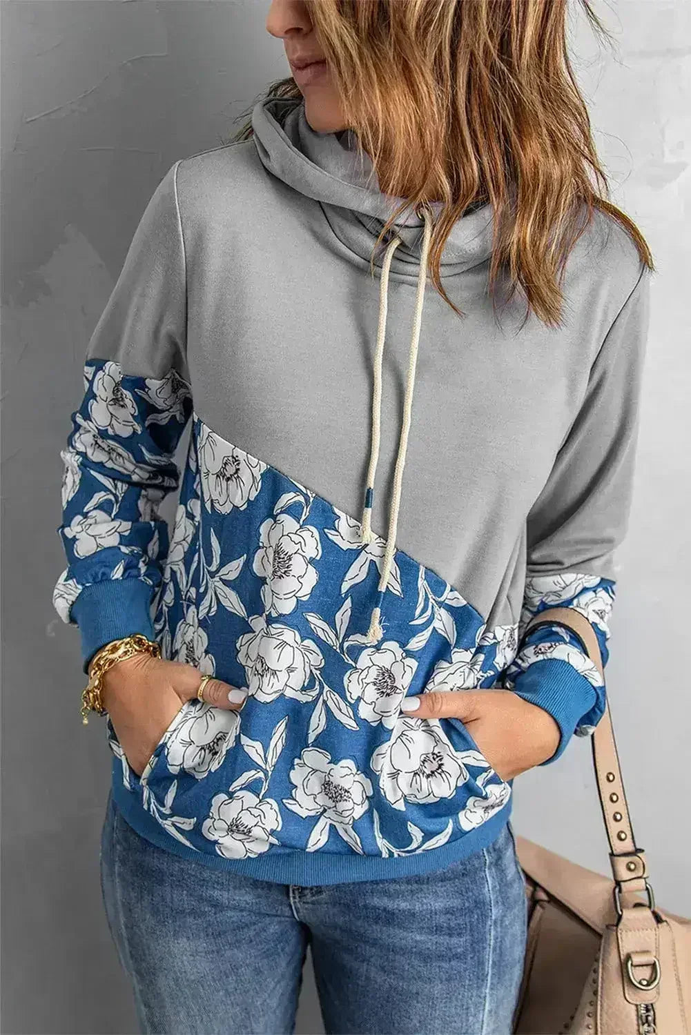 Women's Gray Floral Splicing Cowl Neck Hoodie - SJB-DIAMOND ELITES