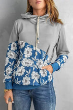 Women's Gray Floral Splicing Cowl Neck Hoodie - SJB-DIAMOND ELITES