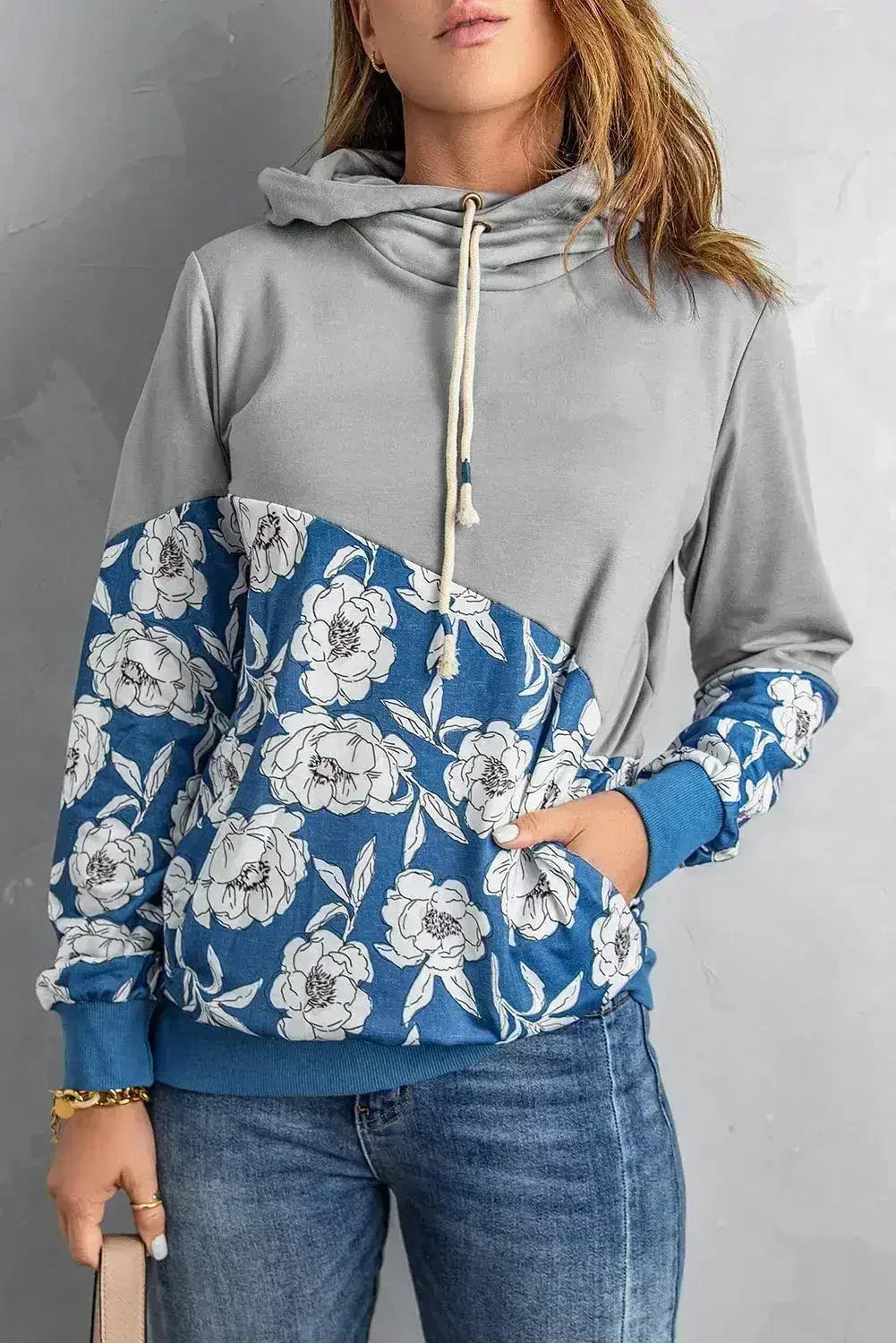 Women's Gray Floral Splicing Cowl Neck Hoodie - SJB-DIAMOND ELITES