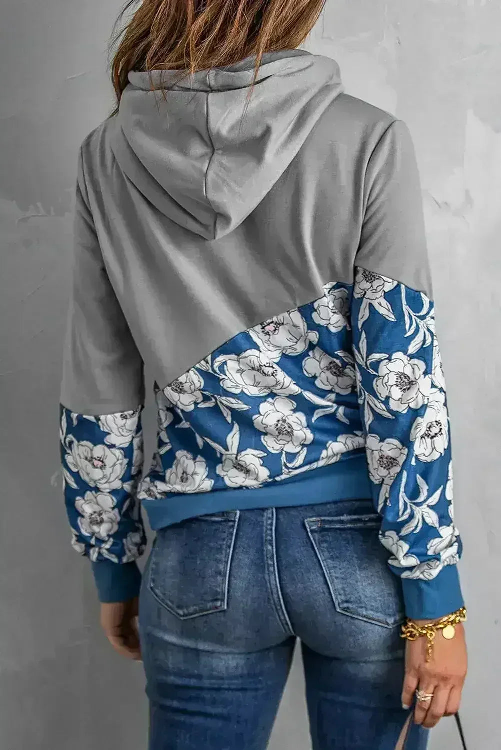 Women's Gray Floral Splicing Cowl Neck Hoodie - SJB-DIAMOND ELITES