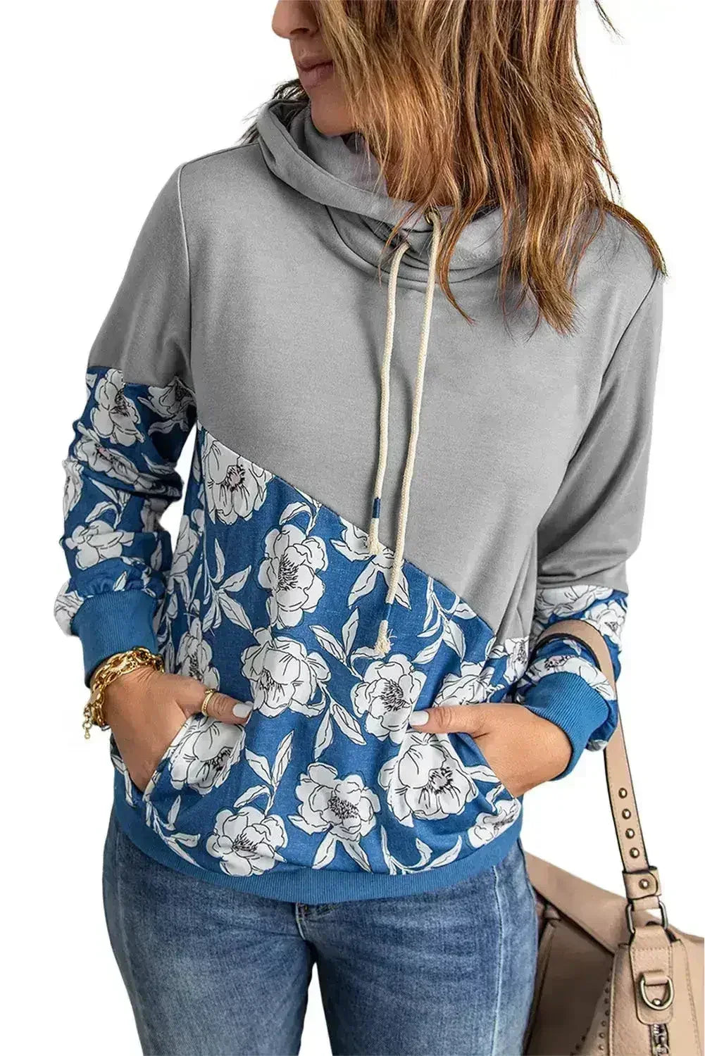 Women's Gray Floral Splicing Cowl Neck Hoodie - SJB-DIAMOND ELITES