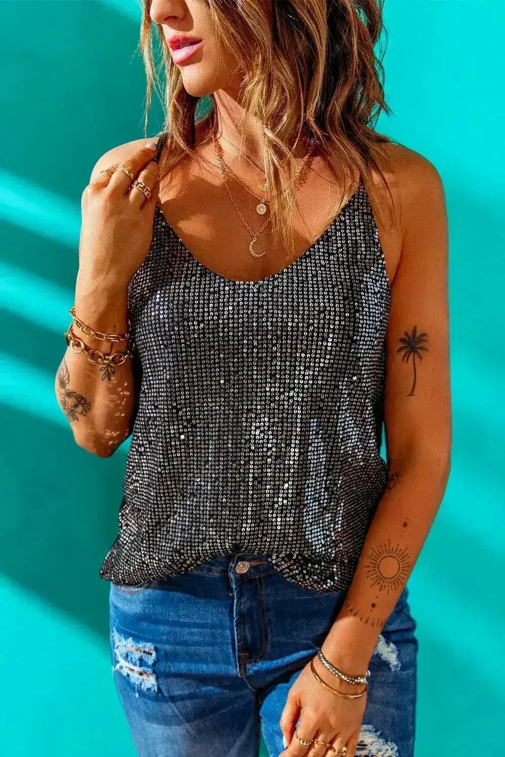 Gray Sequin Spaghetti straps Tank Top - SJB-DIAMOND ELITES