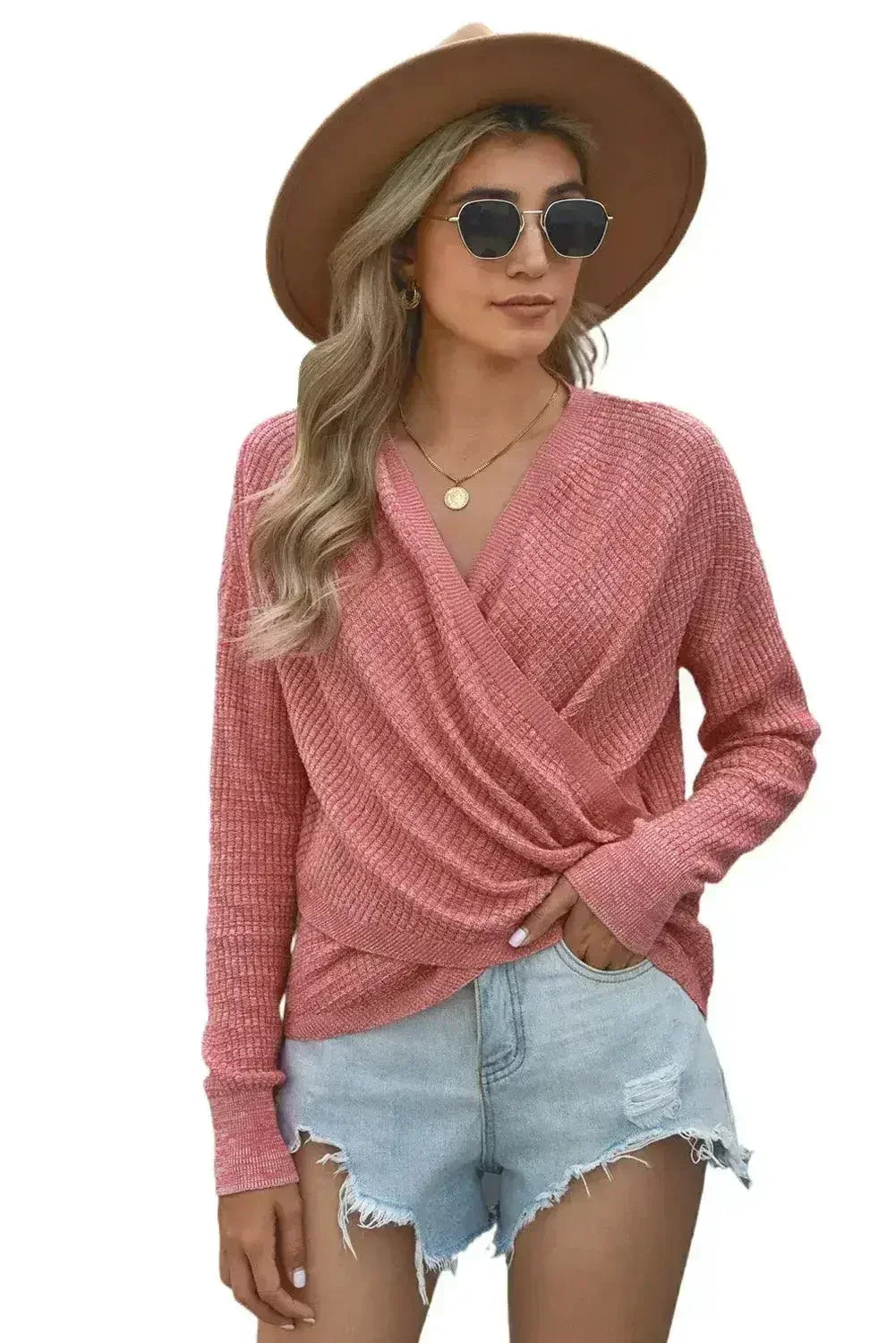 Women's Pink Deep V-neck Long Sleeve Knit Sweater - SJB-DIAMOND ELITES