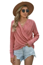 Women's Pink Deep V-neck Long Sleeve Knit Sweater - SJB-DIAMOND ELITES