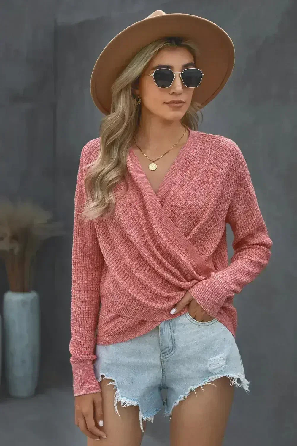 Women's Pink Deep V-neck Long Sleeve Knit Sweater - SJB-DIAMOND ELITES