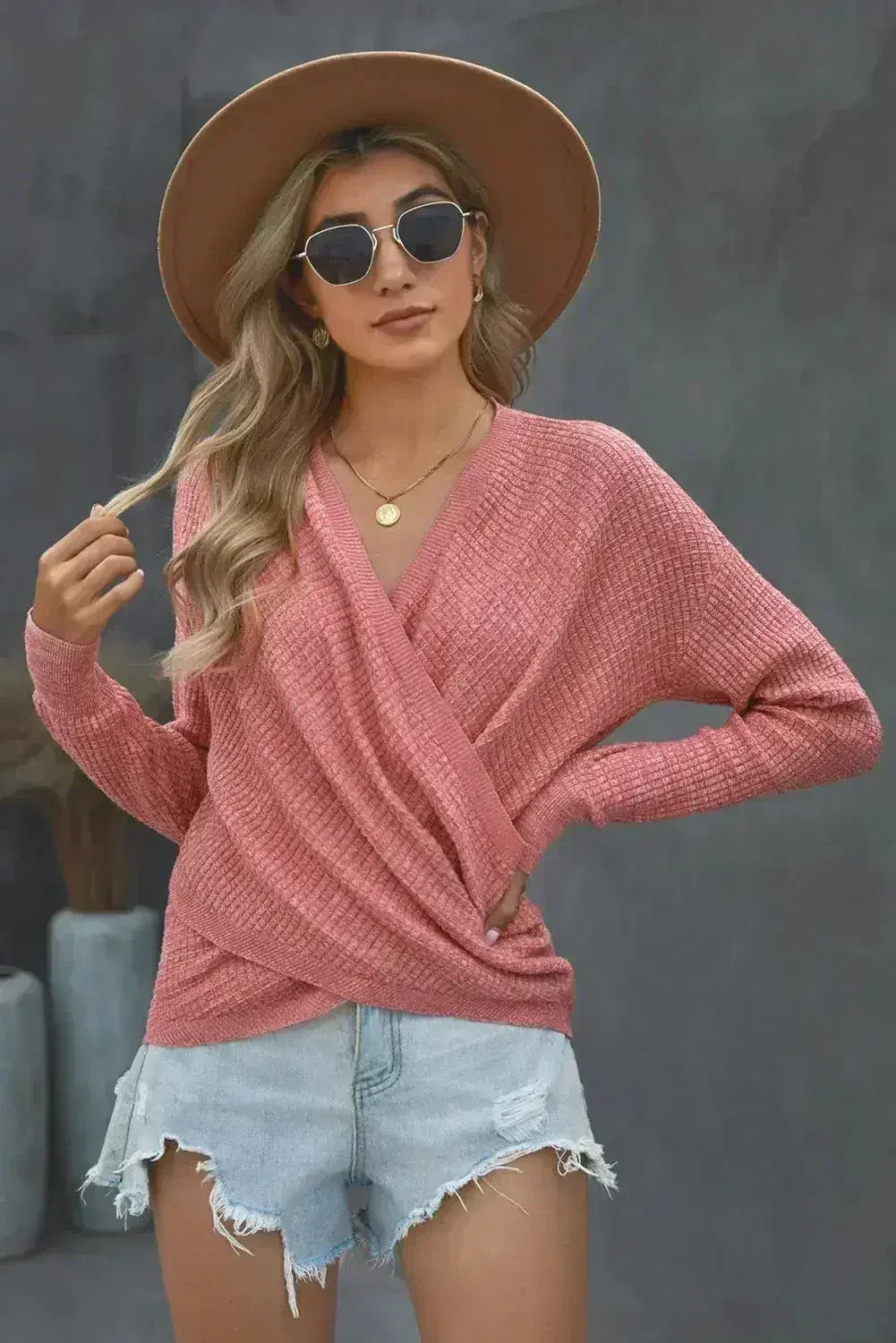 Women's Pink Deep V-neck Long Sleeve Knit Sweater - SJB-DIAMOND ELITES