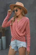Women's Pink Deep V-neck Long Sleeve Knit Sweater - SJB-DIAMOND ELITES