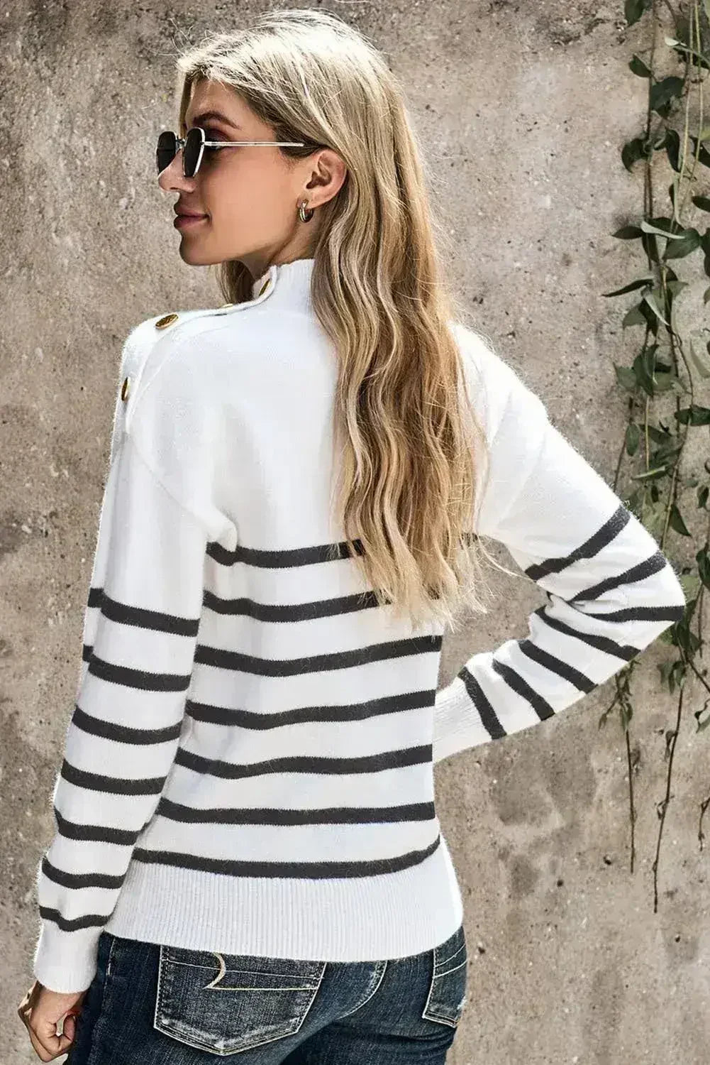 Winter White Striped Turtleneck Long Sleeve Sweater with Buttons - SJB-DIAMOND ELITES