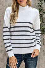 Winter White Striped Turtleneck Long Sleeve Sweater with Buttons - SJB-DIAMOND ELITES