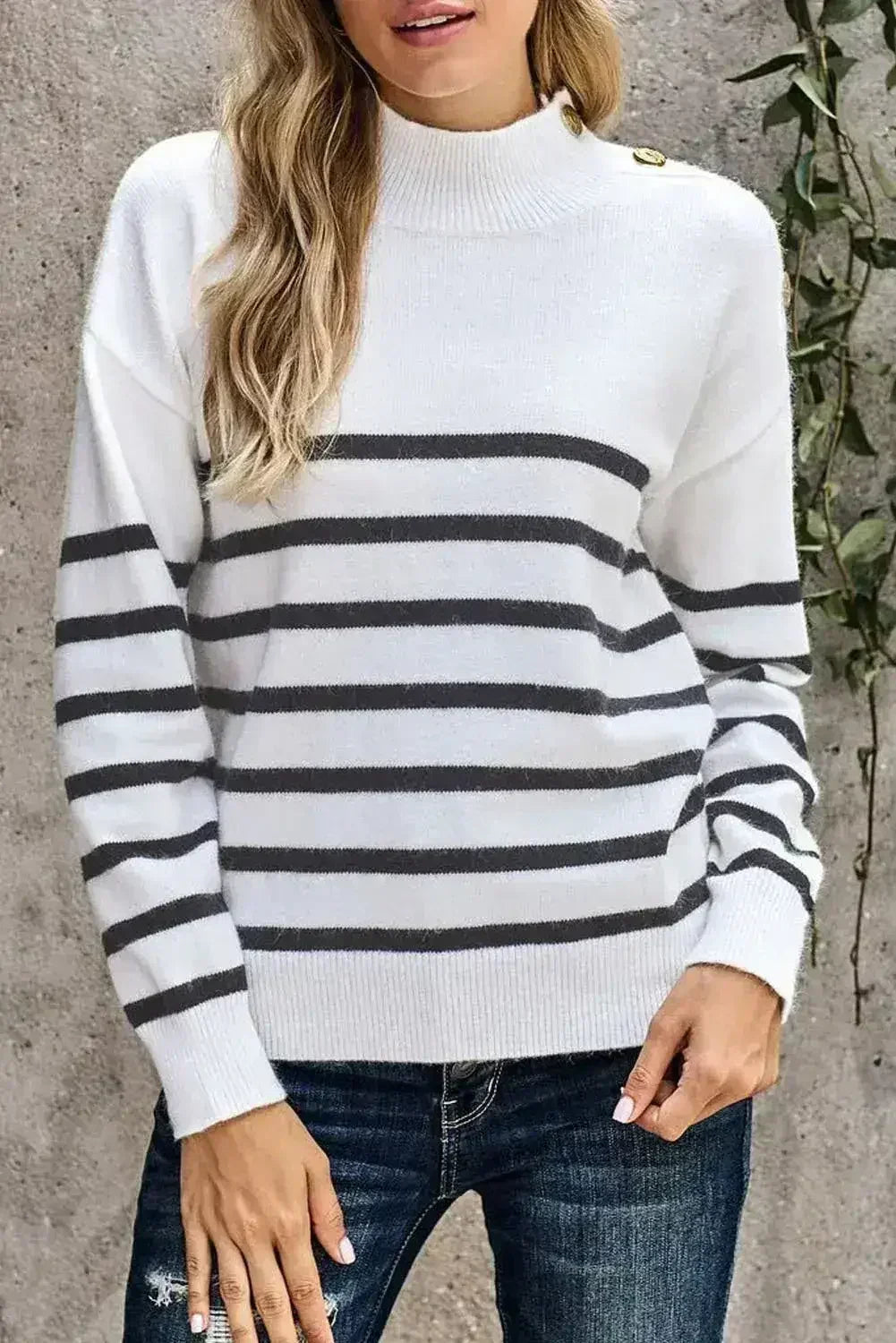 Winter White Striped Turtleneck Long Sleeve Sweater with Buttons - SJB-DIAMOND ELITES
