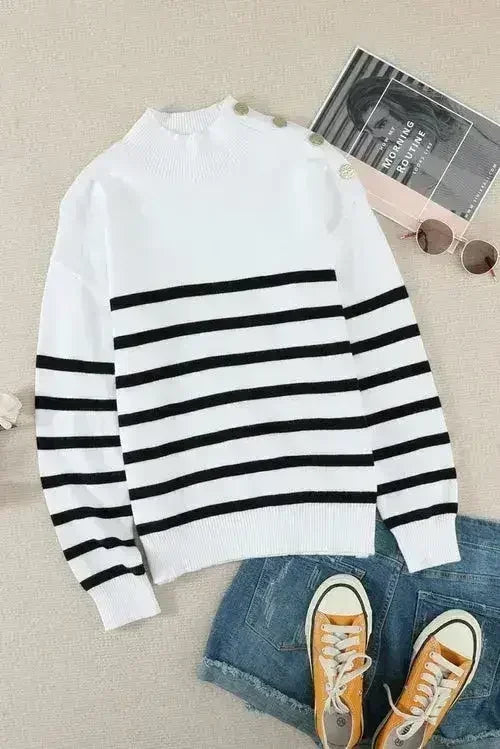 Winter White Striped Turtleneck Long Sleeve Sweater with Buttons - SJB-DIAMOND ELITES