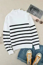Winter White Striped Turtleneck Long Sleeve Sweater with Buttons - SJB-DIAMOND ELITES