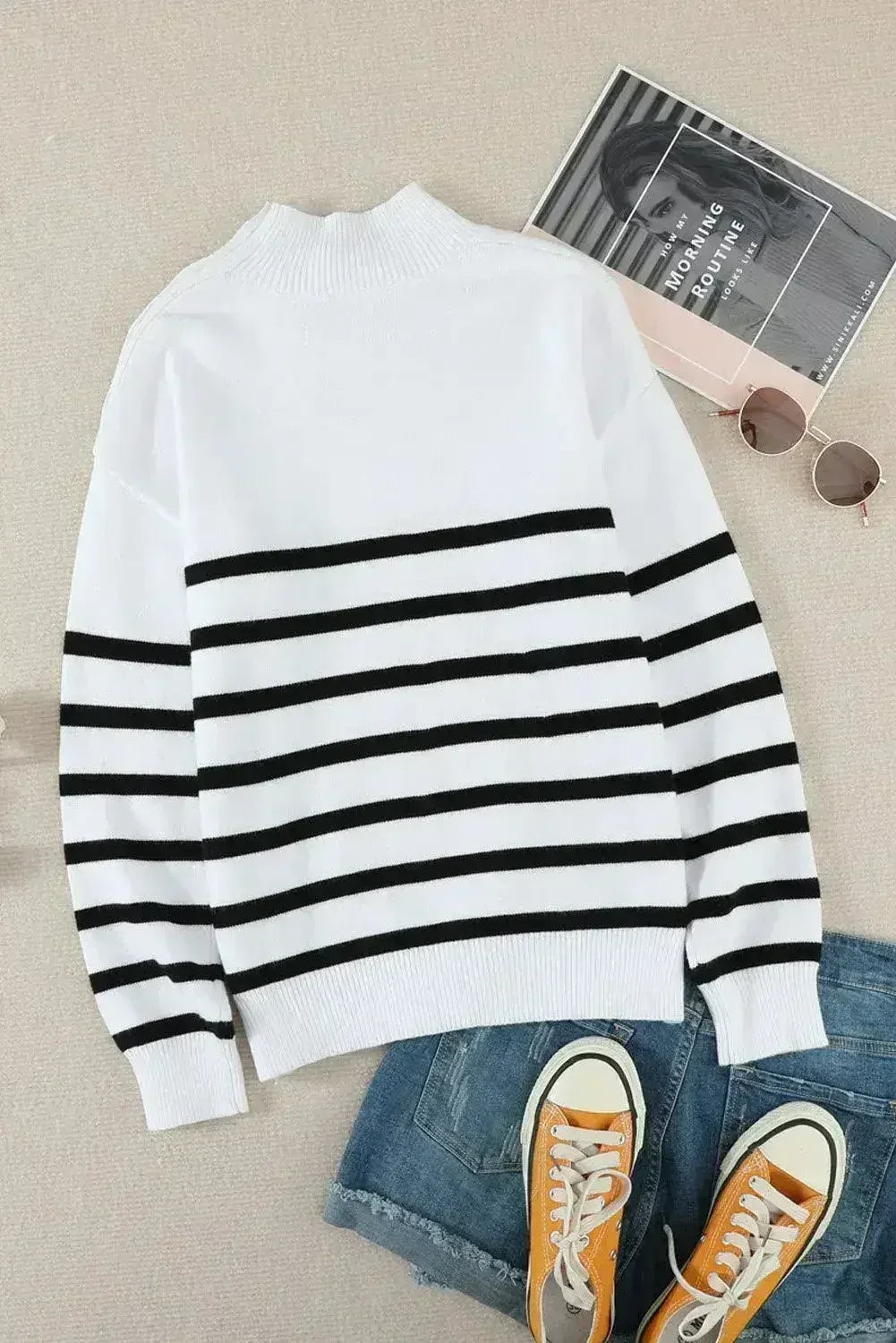 Winter White Striped Turtleneck Long Sleeve Sweater with Buttons - SJB-DIAMOND ELITES