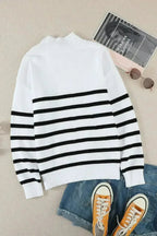 Winter White Striped Turtleneck Long Sleeve Sweater with Buttons - SJB-DIAMOND ELITES