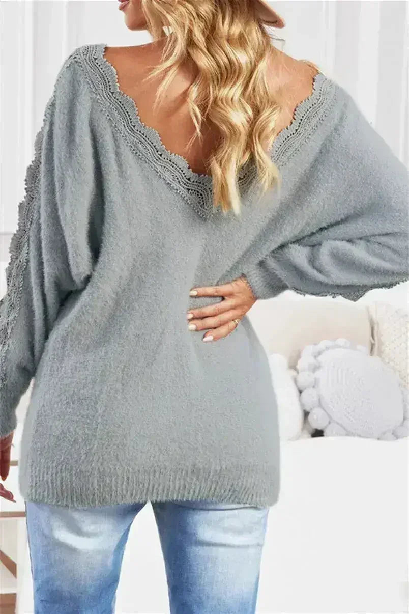 Gray Lace Splicing Sweater - SJB-DIAMOND ELITES