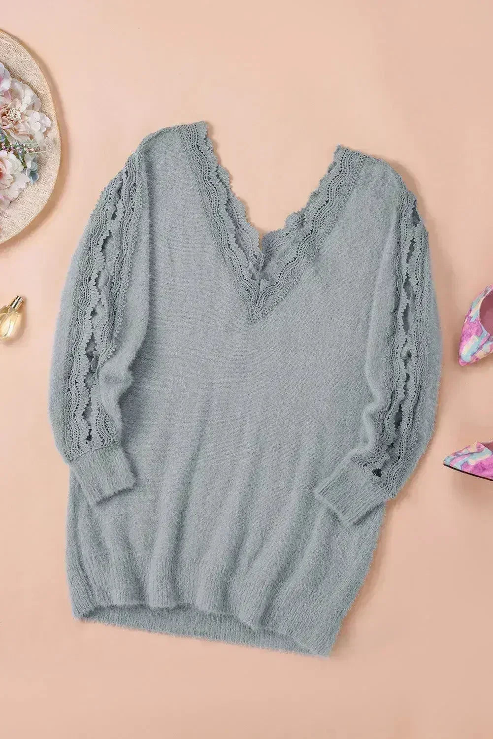 Gray Lace Splicing Sweater - SJB-DIAMOND ELITES