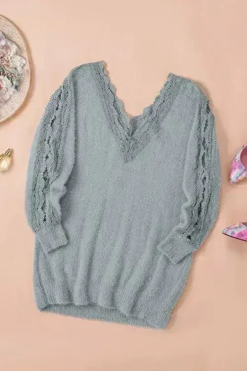 Gray Lace Splicing Sweater - SJB-DIAMOND ELITES