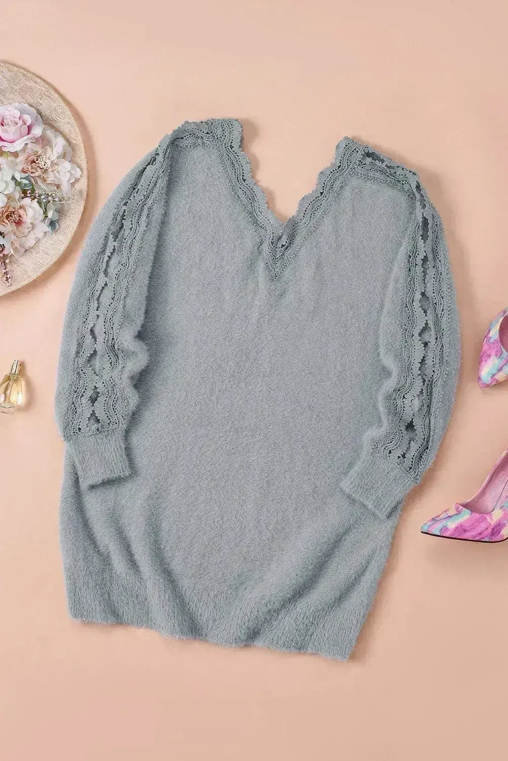 Gray Lace Splicing Sweater - SJB-DIAMOND ELITES