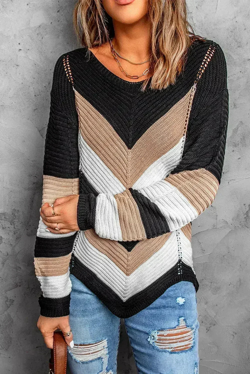 Chevron Colorblock Knit Sweater - SJB-DIAMOND ELITES