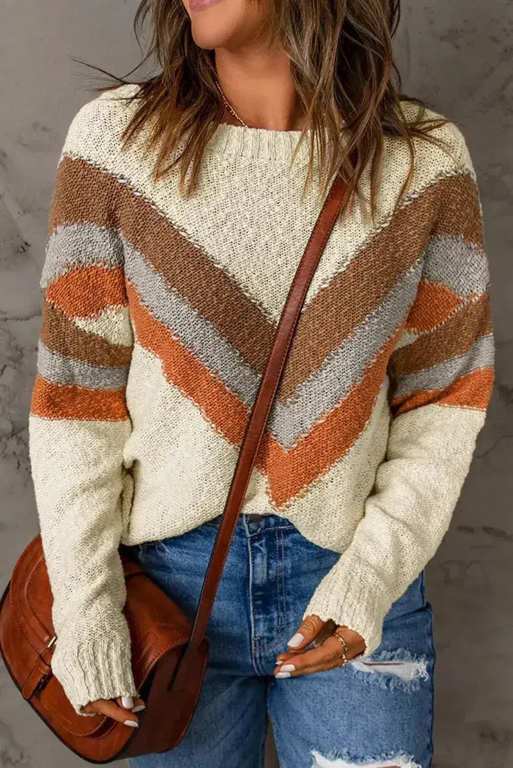 Beige Chevron Striped Sweater - SJB-DIAMOND ELITES