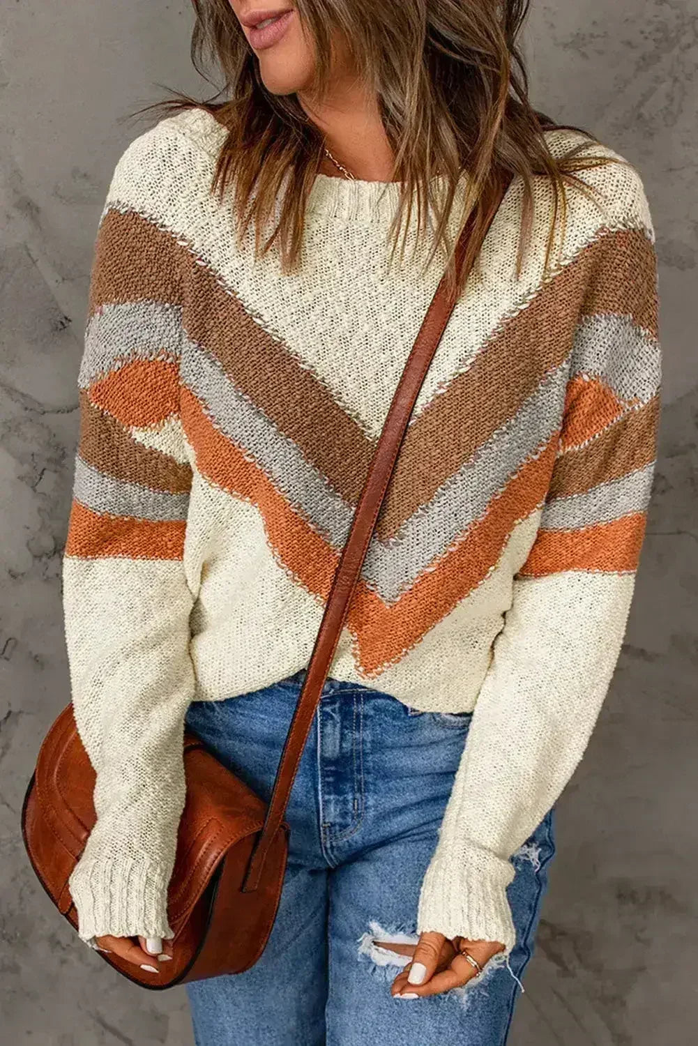 Beige Chevron Striped Sweater - SJB-DIAMOND ELITES