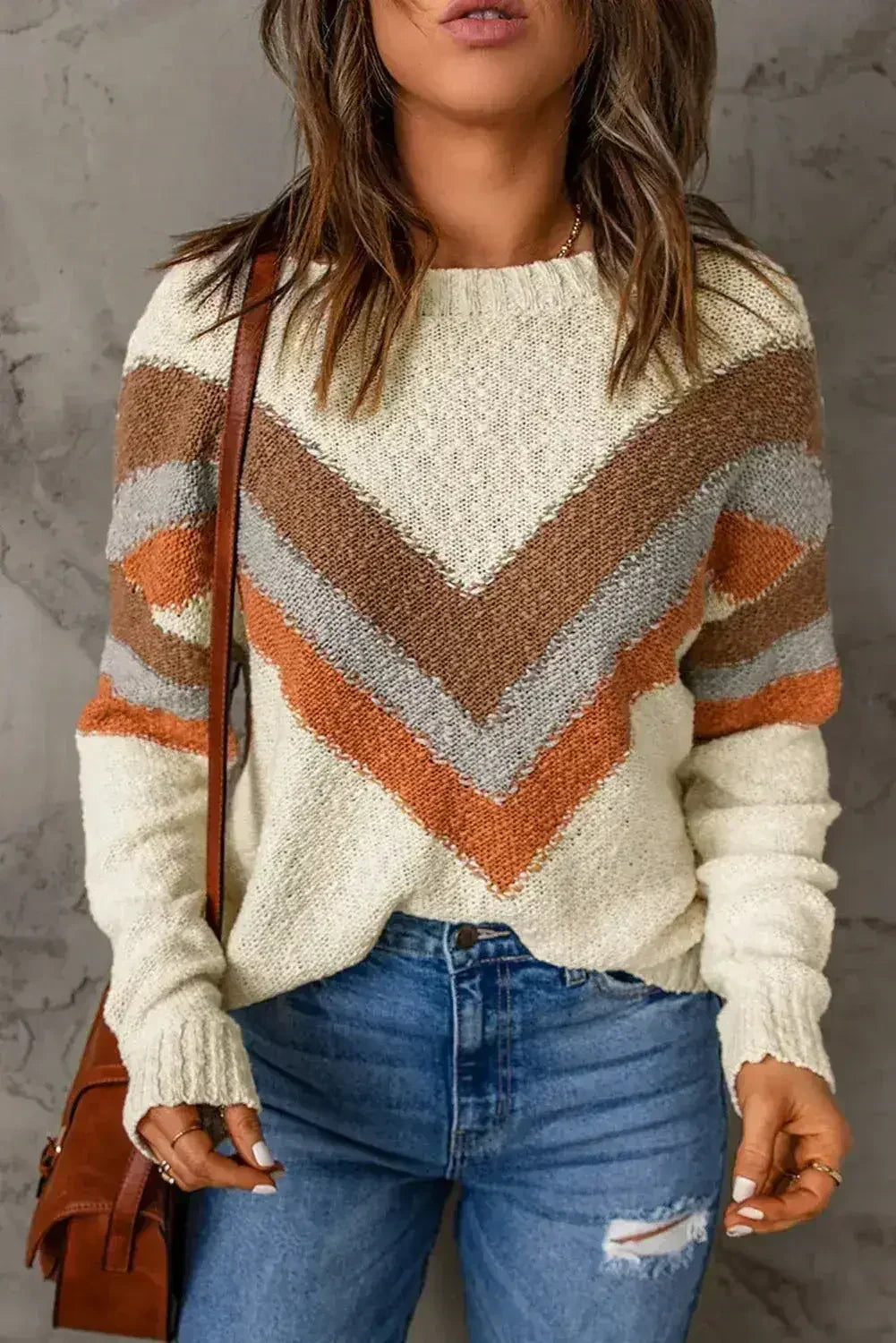 Beige Chevron Striped Sweater - SJB-DIAMOND ELITES