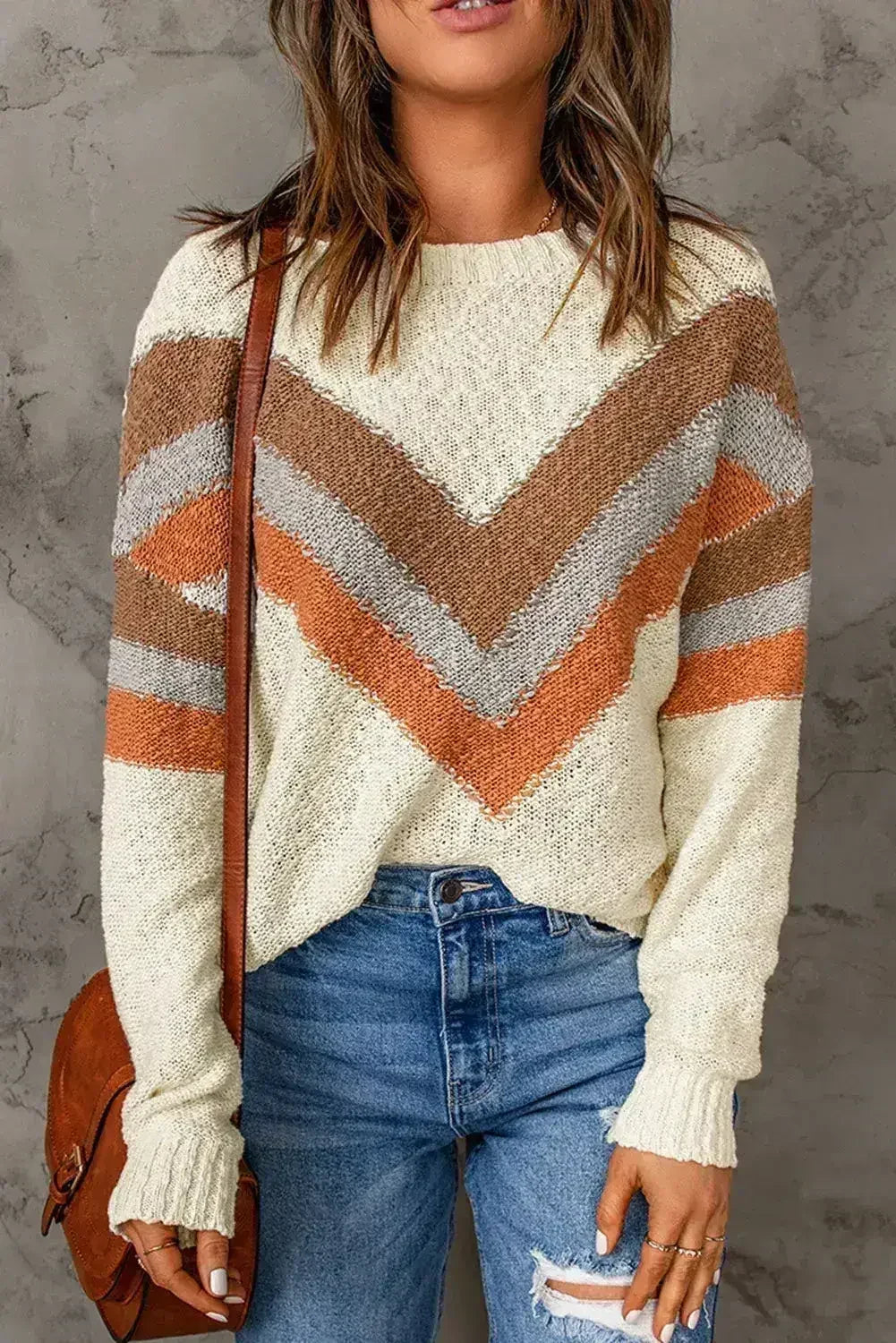 Beige Chevron Striped Sweater - SJB-DIAMOND ELITES