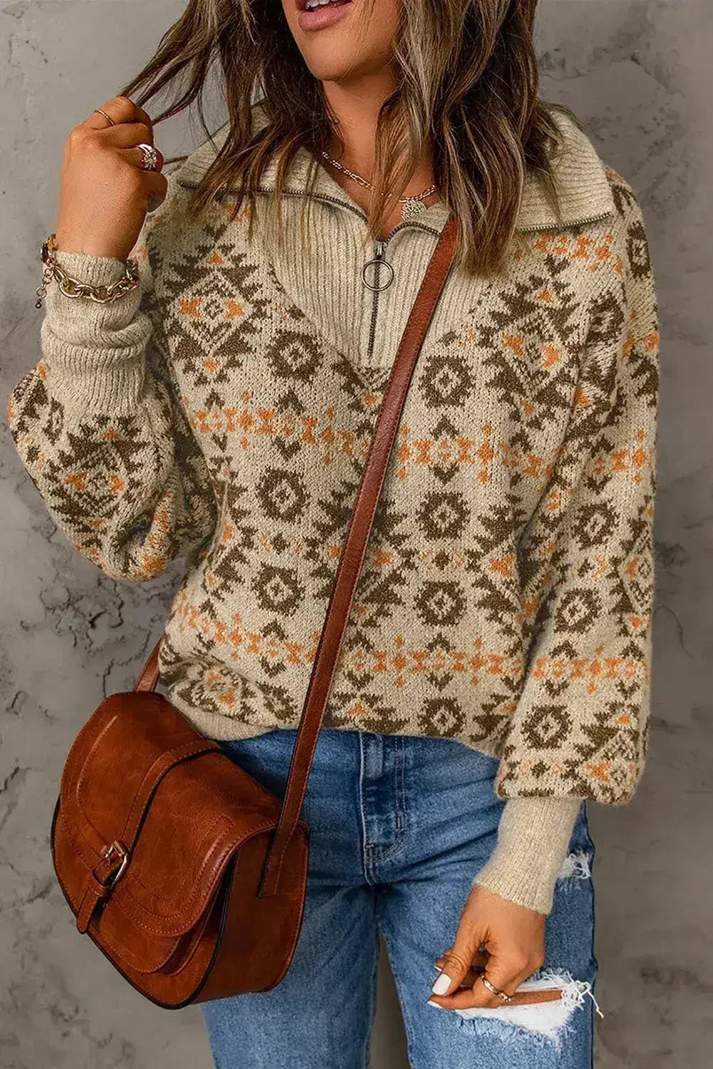 Khaki Aztec Zipped Sweater - SJB-DIAMOND ELITES
