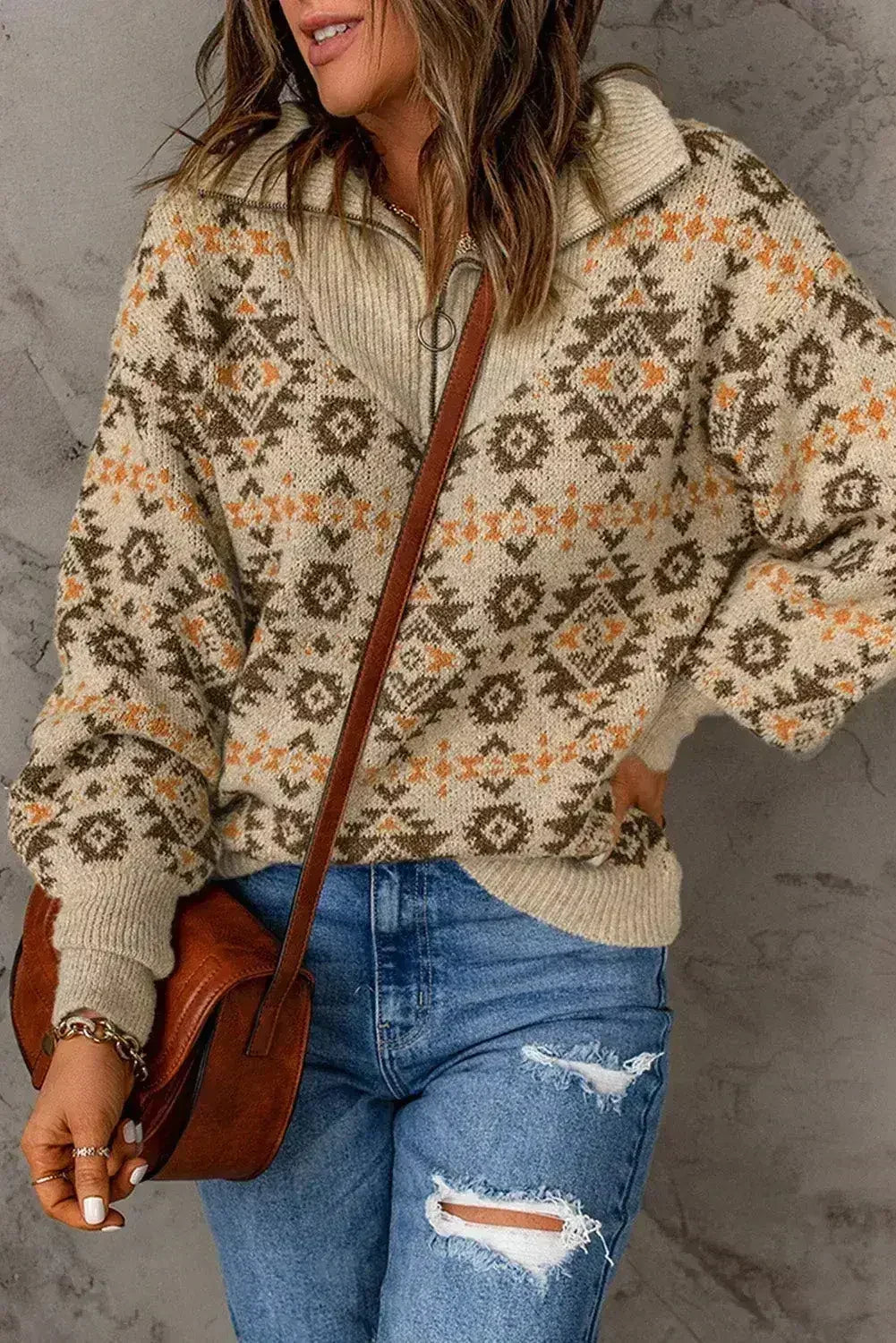 Khaki Aztec Zipped Sweater - SJB-DIAMOND ELITES