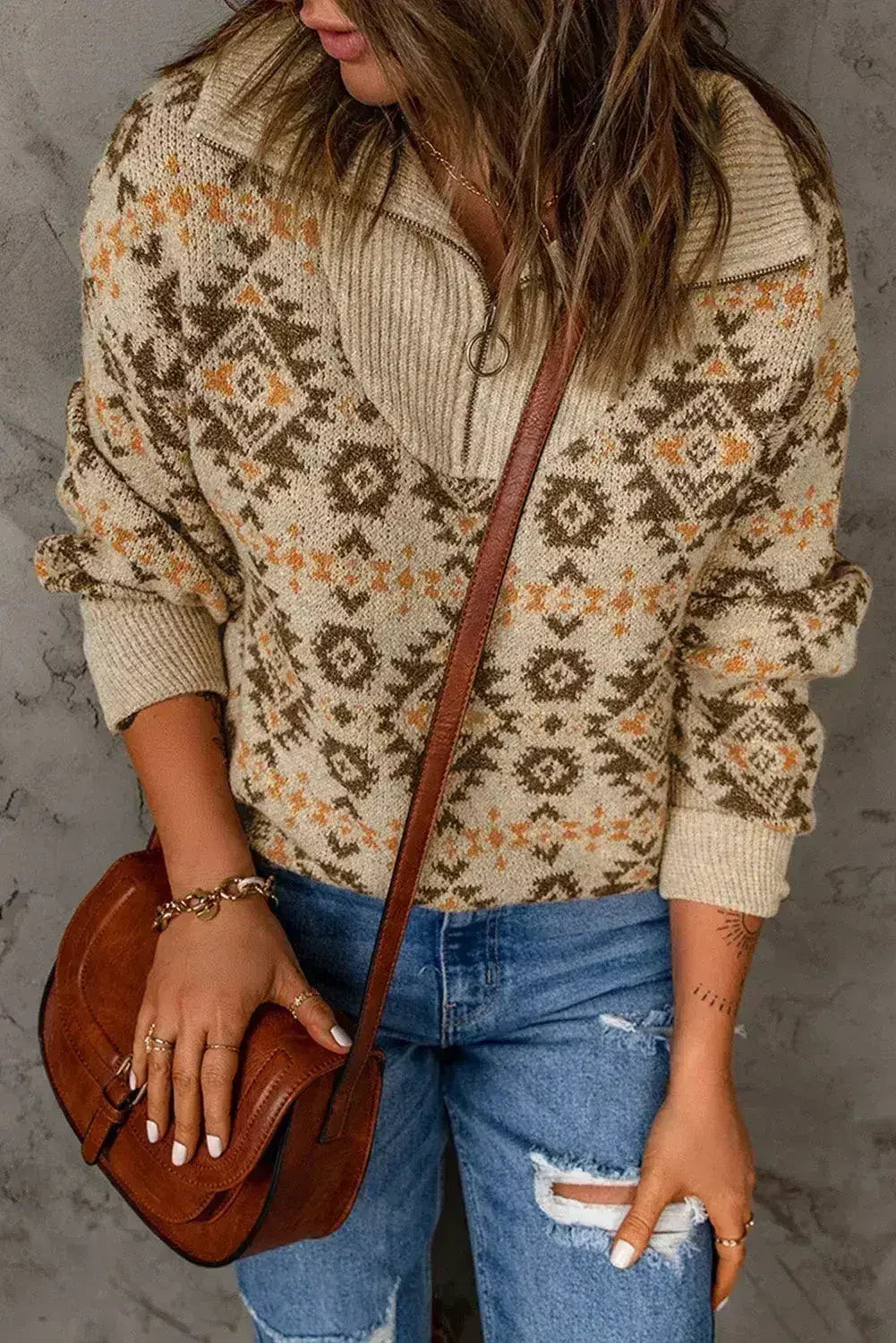 Khaki Aztec Zipped Sweater - SJB-DIAMOND ELITES
