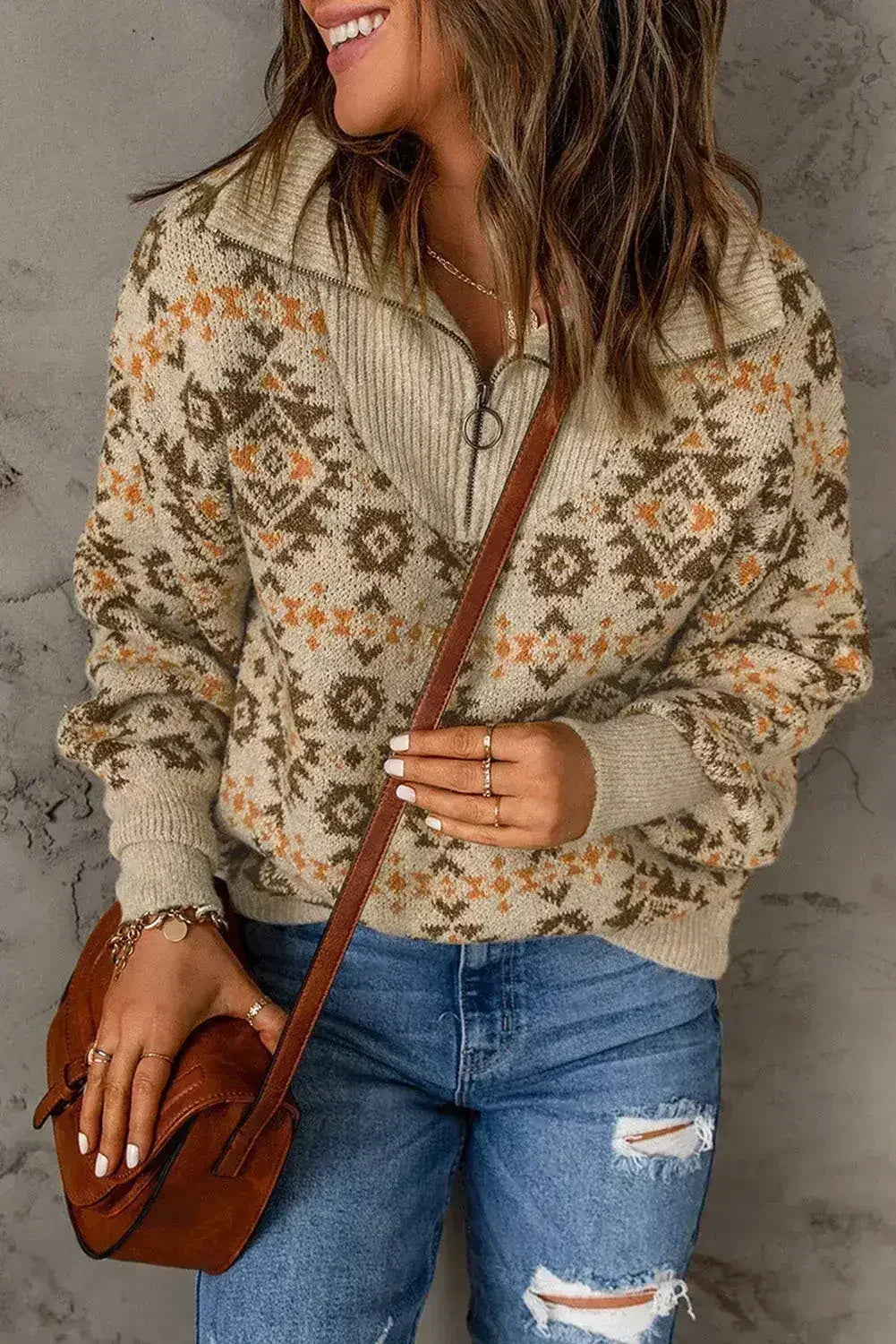 Khaki Aztec Zipped Sweater - SJB-DIAMOND ELITES