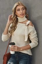 Women's Apricot Strapped Cut out Shoulder Turtleneck Sweater - SJB-DIAMOND ELITES