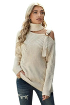 Women's Apricot Strapped Cut out Shoulder Turtleneck Sweater - SJB-DIAMOND ELITES