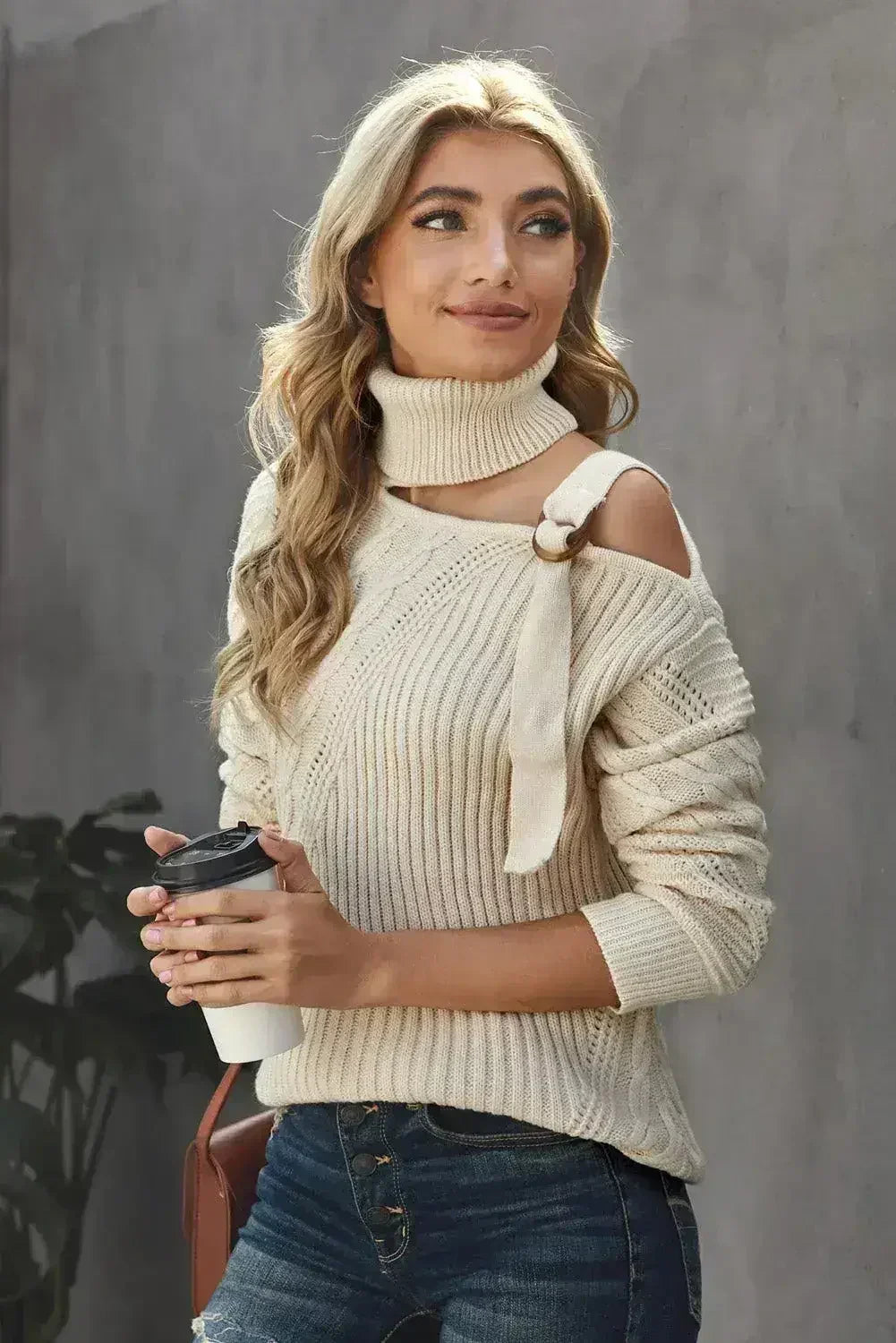 Women's Apricot Strapped Cut out Shoulder Turtleneck Sweater - SJB-DIAMOND ELITES