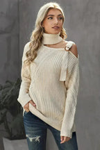 Women's Apricot Strapped Cut out Shoulder Turtleneck Sweater - SJB-DIAMOND ELITES